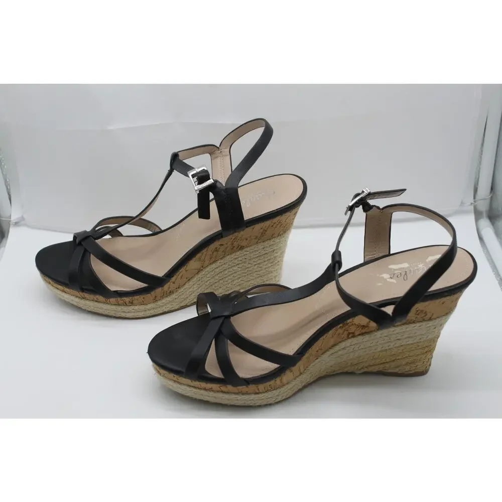 Charled David Black & Neutral Cork Textured Platform Wedge Heel Strappy Sandals